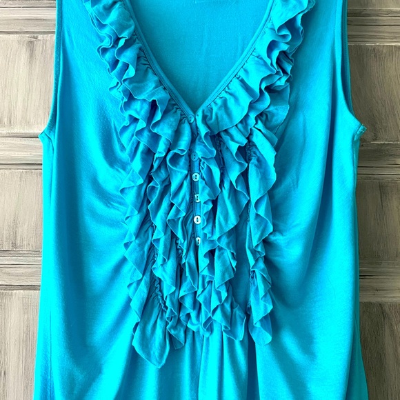 Beautiful Blue, Sleeveless, Ruffle Collar Top. - Picture 2 of 6